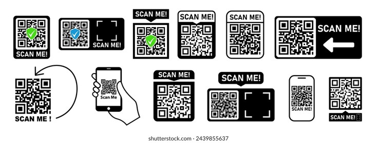 Qr code scanner. Qr code scan icon set. Collection of Qr codes with scan me.Scanning a QR code with a smartphone.Template scan me .Vector