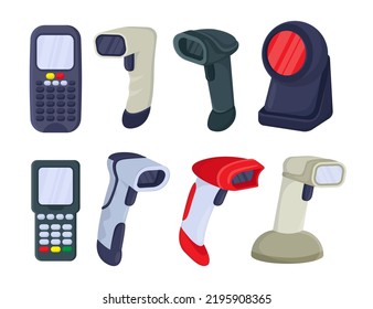 QR code scanners and payment terminals vector illustrations set. Cartoon drawings of barcode scanners or readers and credit card machines for checkout on white background. Shopping, payment concept