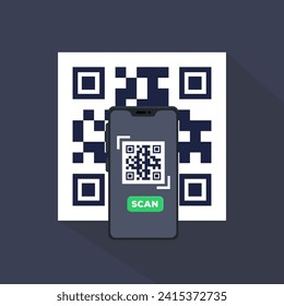 QR Code. Scanning qr code, barcode with smartphone. Contactless payment. Can use for, landing page, template, ui, web, mobile app, banner, flyer. Scan me. Qr Verification Concept. Vector illustration