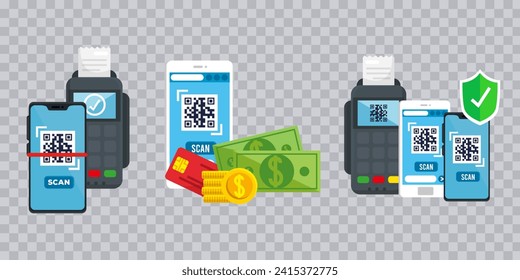 QR Code. Scanning qr code, barcode with smartphone. Contactless payment. Can use for, landing page, template, ui, web, mobile app, banner, flyer. Scan me. Qr Verification Concept. Vector illustration