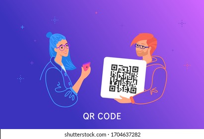 QR code scanning by smartphone. Concept vector illustration of smiling teenage friends holding a card with qr-code and scanning it for quick payment, shopping and billing online. Gradient design