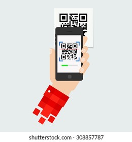 QR code scanning or capture mobile phone. Icon recognition or reading qr code in flat style.