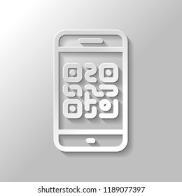 QR code. Scanning with cell phone. Technology outline icon. Paper style with shadow on gray background