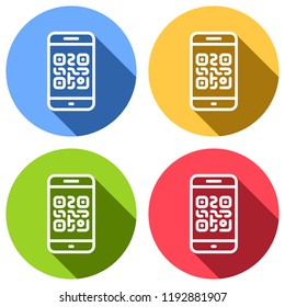 QR code. Scanning with cell phone. Technology outline icon. Set of white icons with long shadow on blue, orange, green and red colored circles. Sticker style