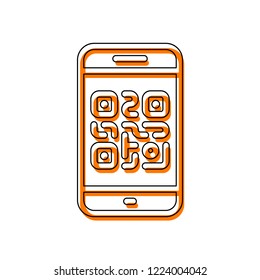 QR code. Scanning with cell phone. Technology outline icon. Isolated icon consisting of black thin contour and orange moved filling on different layers. White background