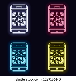 QR code. Scanning with cell phone. Technology outline icon. Set of neon sign. Casino style on dark background.