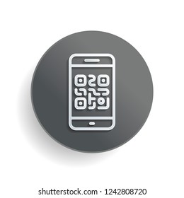 QR code. Scanning with cell phone. Technology outline icon. White paper symbol on gray round button or badge with shadow