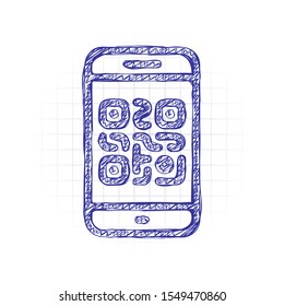 QR code. Scanning with cell phone. Technology outline icon. Hand drawn sketched picture with scribble fill. Blue ink. Doodle on white background