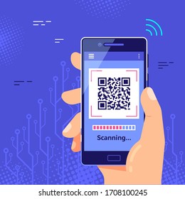 QR code scanning concept banner. Male hand holding Mobile phone with qr code on screen. Flat style illustration.