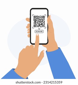 Banner für QR-Code-Scanning-Konzept. Männliche Hand, die ein Mobiltelefon mit qr-Code auf dem Bildschirm hält. Flaches Beispiel. 