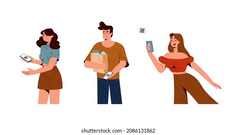 QR code scanning concept. Buyers paying by mobile app on smartphone. People use mobile phone for online cashless transaction, scan barcode. Contactless payment system vector flat illustration.