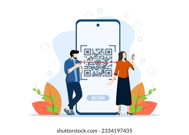 Concepto de exploración de código QR, análisis de caracteres mediante el uso de un teléfono móvil. Perfecto para páginas web de aterrizaje, ui, aplicaciones móviles, diseño editorial, folletos, banners y más, Ilustración Vector Plana.