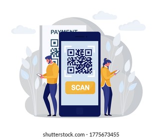 QR code scanning concept. Characters use mobile phone, scan barcode for online payment. Digital money app. Vector cartoon design