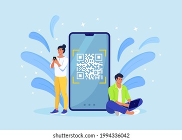 QR code scanning concept. Characters use mobile phone, scan barcode for online payment. Digital money app. Vector cartoon design