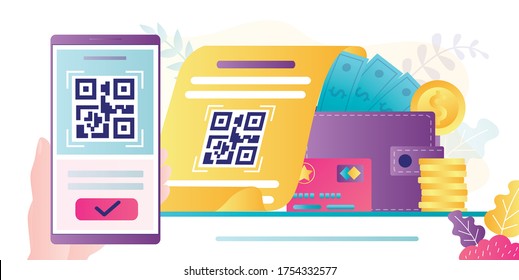 QR Code scanning concept. Hand holding smartphone and scan code. Mobile technology for internet payment. Suitable for web landing page, ui, mobile app, banner template. Trendy flat vector Illustration