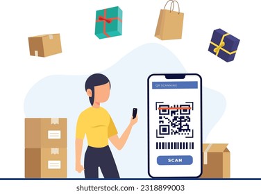 QR code scanning concept, Illustration of person scanning a QR code with a smartphone