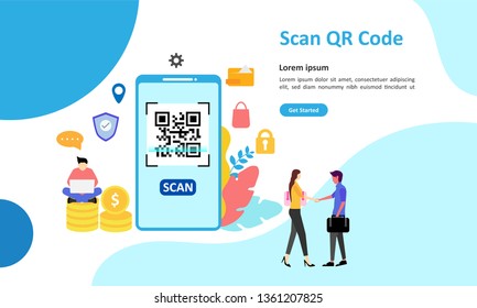 QR Code scanning concept with people scan code using smartphone. Suitable for web landing page, ui, mobile app, banner template. Vector Illustration