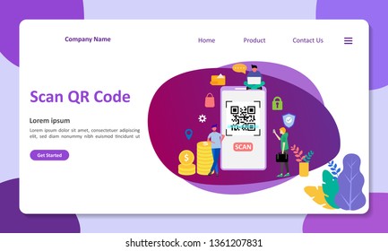 QR Code scanning concept with people scan code using smartphone. Suitable for web landing page, ui, mobile app, banner template. Vector Illustration