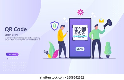 QR Code scanning concept with people scan code using smartphone. Suitable for web landing page, ui, mobile app, banner template. Vector Illustration