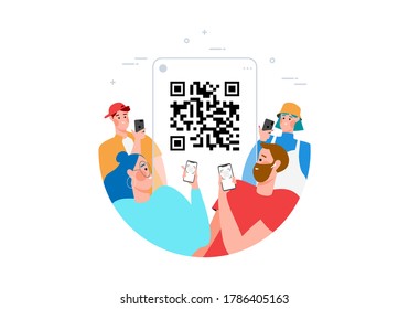 Qr code scanning concept with people scan code using smartphone for payment flat vector illustration. Hand with phone and scanning barcode