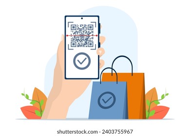 QR code scanning concept, people using smartphone and scanning QR code for payment and everything, can be used for landing page template, ui, web, mobile app, poster, banner, flyer, vector illustratio