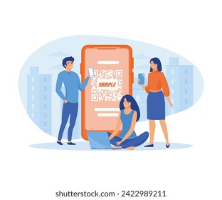 QR code scanning concept. People use smart phone and scan QR code for payment and everything.  flat vector modern illustration 