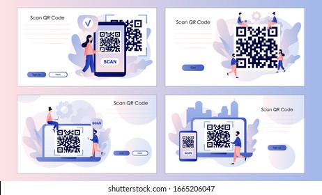 QR Code scanning concept. Tiny people scan code using smartphone. Screen template for mobile smart phone, landing page, template, ui, web, mobile app, poster, banner. Modern flat cartoon style.Vector