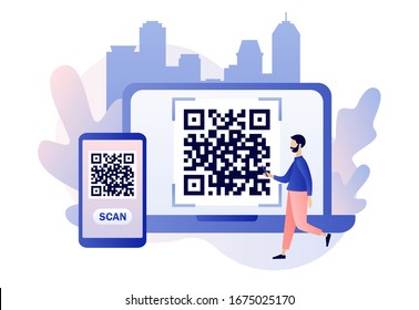 QR Code scanning concept. Tiny male scan code using smartphone and laptop. Modern flat cartoon style. Vector illustration on white background