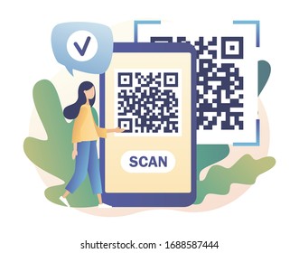 QR Code scanning concept. Tiny girl scan code using smartphone. Modern flat cartoon style. Vector illustration on white background