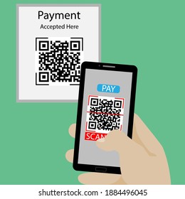 Qr code scanning concept vector illustration.Human hand holding smartphone and scanning QR code.Scan payment illustration.
