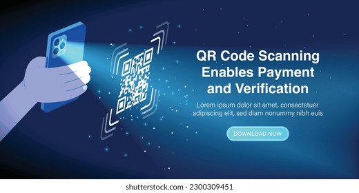 QR code scanning enables payment and verification. Scan QR codes with a mobile smartphone by hand. Scan QR Code for website landing page. Vector.