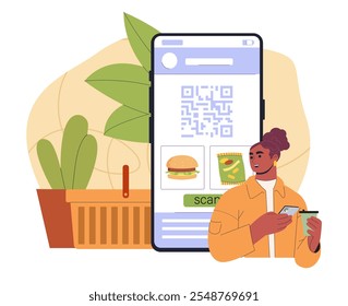 QR code scanning in fast food. Woman with takeaway eating near huge smartphone. Electronic transfers and transactions. Person in cafe or restaurant. Flat vector illustration