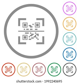 QR code scanning flat color icons in round outlines on white background