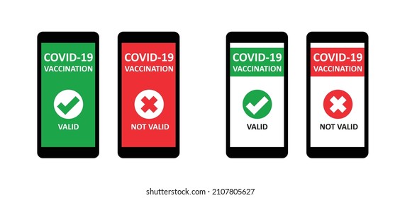 QR code scanning icon. Health passport, vaccination on mobile phone screen red or green, valid or not valid. Certificate of vaccine and immune to covid. Vaccine passport on smartphone, security check