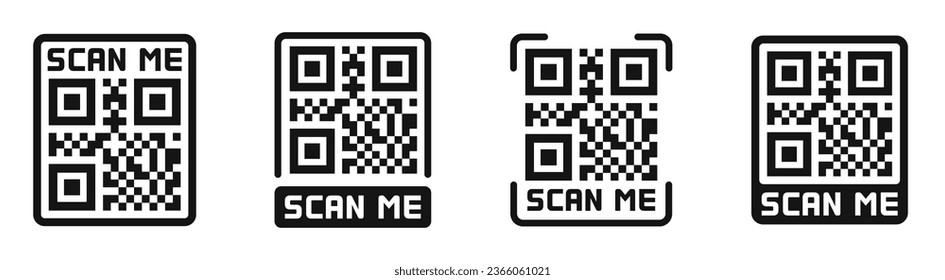 QR code scanning icon set. QR code scanner. Scan me icons. Silhouette style vector icons.