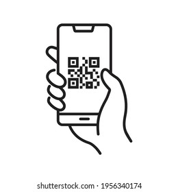 QR code scanning icon in smartphone. hand holding Mobile phone in line style, barcode scanner for pay,  web, mobile app, promo. Vector illustration.