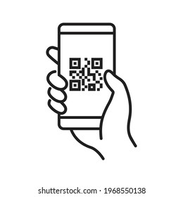 Значок сканирования QR-кода в смартфоне. Рука держит мобильный телефон в стиле линии, сканер штрих-кода для оплаты, Интернет, мобильное приложение, промо. Векторная иллюстрация.