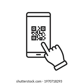 QR Code Scanning Icon In Smartphone. Hand Holding Mobile Phone In Line Style, Barcode Scanner For Pay,  Web, Mobile App, Promo. Vector Illustration.