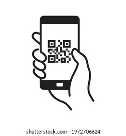 QR code scanning icon in smartphone. hand holding Mobile phone in line style, barcode scanner for pay,  web, mobile app, promo. Vector illustration.