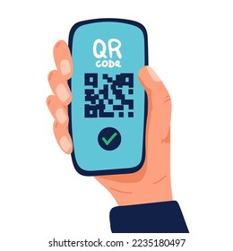 QR code scanning icon in smartphone. hand holding Mobile phone in line style, barcode scanner for pay, web, mobile app, promo. Vector illustration