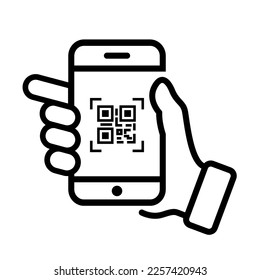 QR code scanning icon in smartphone. hand holding Mobile phone in line style, barcode scanner for pay, web, mobile app, promo. Vector illustration.