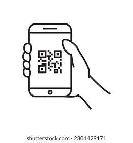 QR code scanning icon in smartphone. hand holding Mobile phone in line style, barcode scanner for pay, web, mobile app, promo.