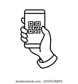 QR code scanning icon in smartphone. hand holding Mobile phone in line style, barcode scanner for pay, web, mobile app, promo. Vector illustration.