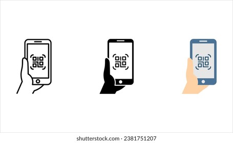 Icono de exploración de código QR en smartphone. mano sosteniendo el teléfono móvil en estilo de línea, ilustración vectorial en fondo blanco