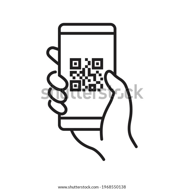 QR code scanning icon in smartphone. hand\
holding Mobile phone in line style, barcode scanner for pay,  web,\
mobile app, promo. Vector\
illustration.