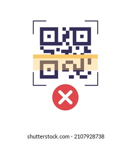 QR code scanning line icon with not valid сheck mark. Vector isolated outline drawing