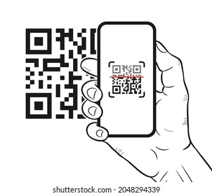 QR code scanning with mobile smartphone. Hand-drawn hand holding smartphone while scanning QR code. Process of reading Quick Response codes for mobile app, payment and discounts. Vector illustration.