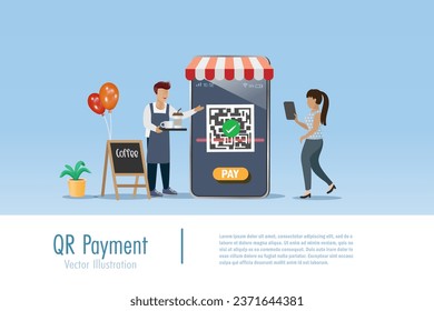 QR code scanning for money payment. Woman scan qr code on mobile screen to buy and pay for coffee drinks. Smart financial technology for small business. Vector.
