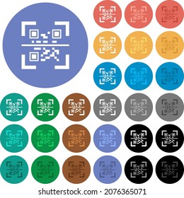 QR code scanning multi colored flat icons on round backgrounds. Included white, light and dark icon variations for hover and active status effects, and bonus shades.
