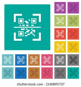 QR code scanning multi colored flat icons on plain square backgrounds. Included white and darker icon variations for hover or active effects.